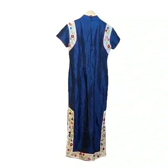 Asian-style Women's Evening Party Dress Back Zip Floral-Ivy Print Sapphire Blue - Picture 5 of 16